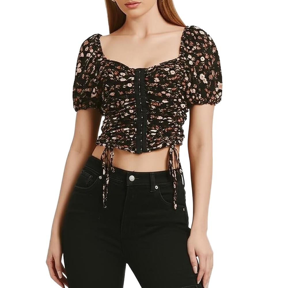 MERAKI Black Floral Hook Front Ruched‎ Puff Sleeve Crop Top Womens XL